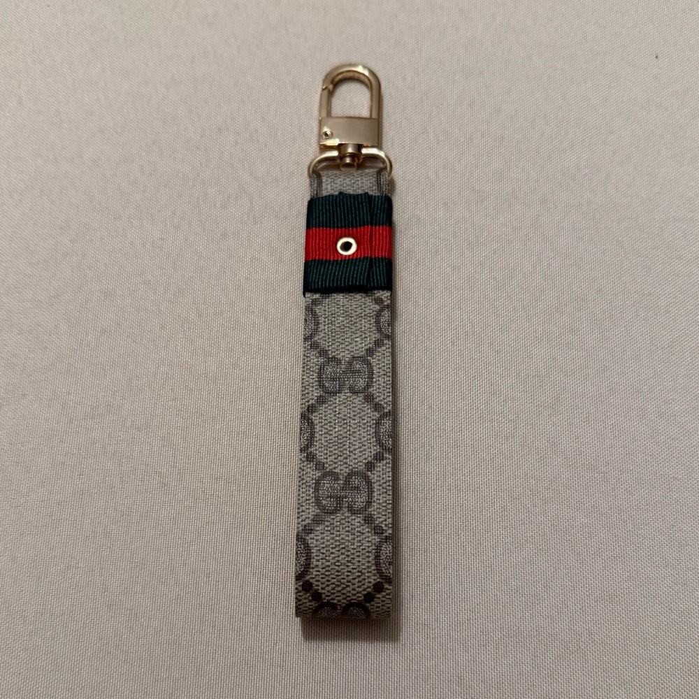 Fashion Tan Monogram Keychain Fob with Green and Red Stripe - Picture 2 of 5